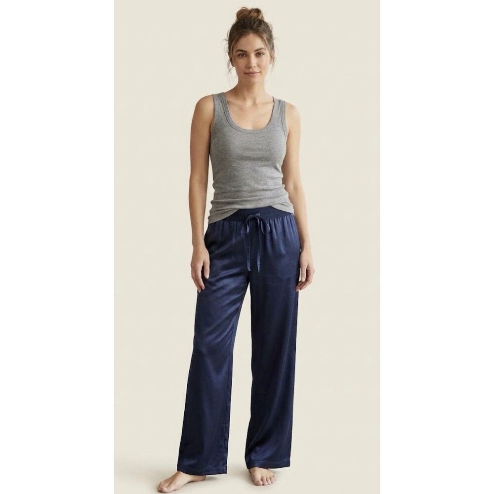 PJ Harlow Navy  Jolie Wide Leg Satin Pajama Pants Medium USA Made Comfy